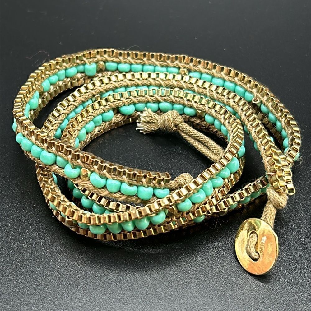 Set of‎ Two Leather Wrap Beaded Bracelets Gold Tone Turquoise & Coral - Picture 3 of 7
